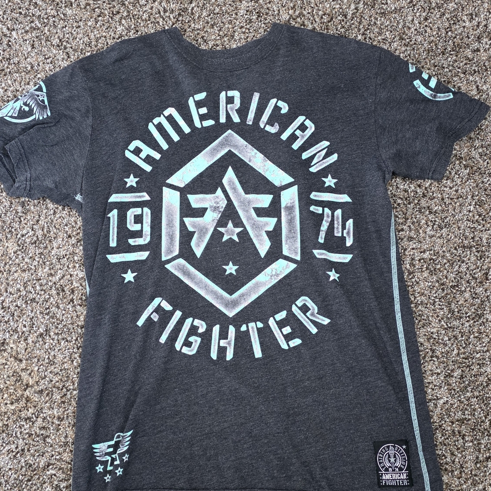 American Fighter Charcoal Tee with Teal Graphic